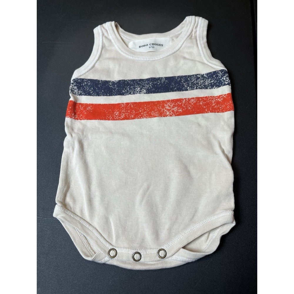 Bobo Choses Kids Unisex Tank Top Bodysuit Cream Blue And Red Stripe Size 6-12 M